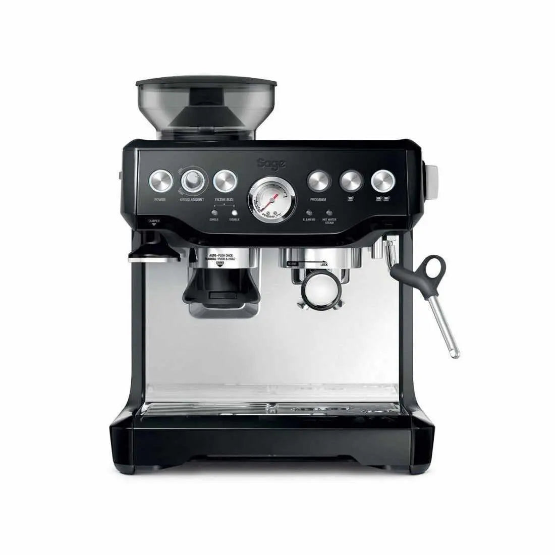 Sage Barista Express ekspres do Espresso w czerni, widok z przodu na białym tle.