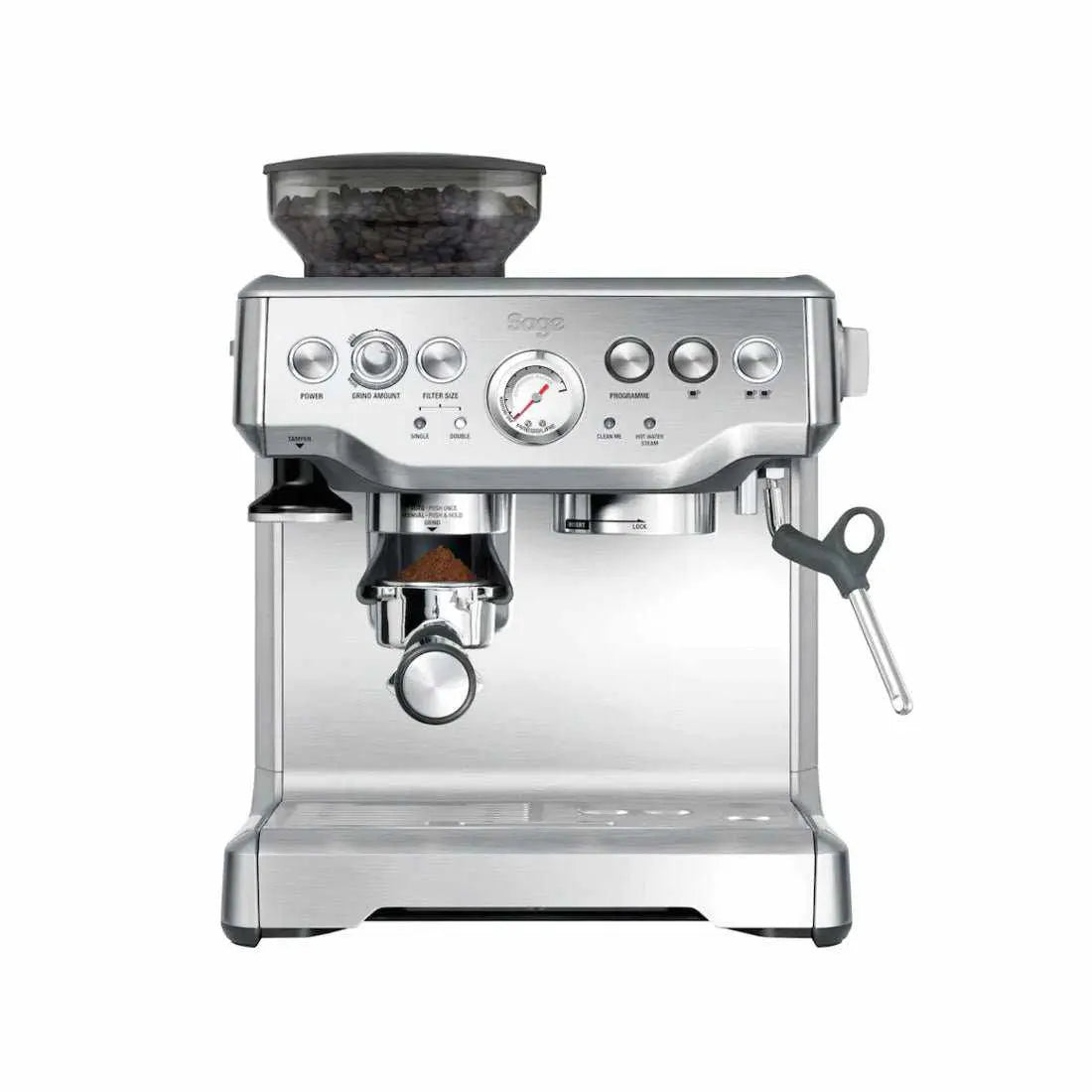 Sage Barista Express ekspres do Espresso ze stali nierdzewnej z wbudowanym młynkiem, widok z przodu.