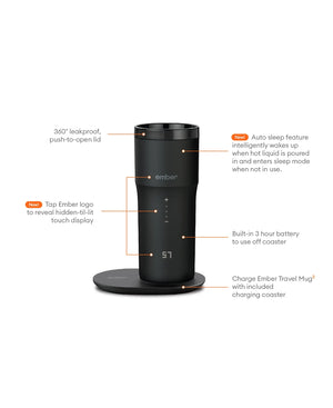 Elektryczny kubek podróżny do kawy czarny V2 - 355ml z dotykowym wyświetlaczem i czarną podstawką ładującą, elegancki design.